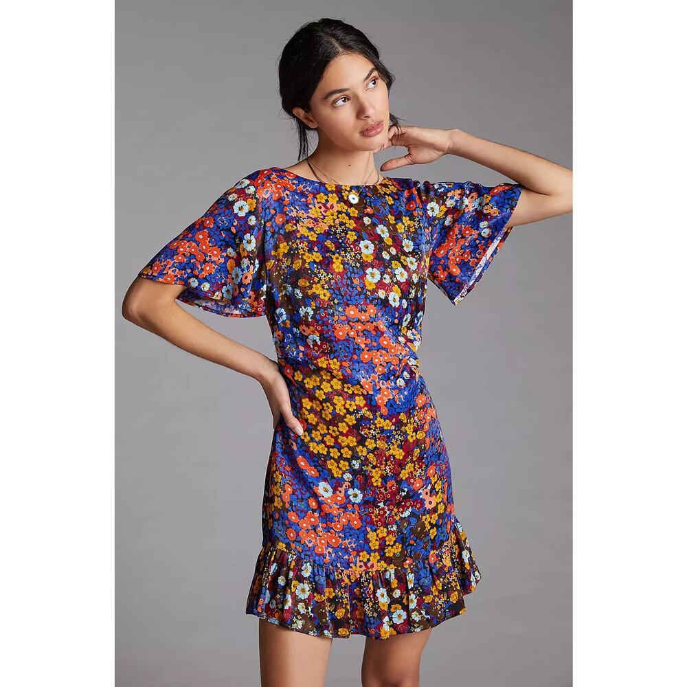 Anthropologie Blue Floral Mini Dress with Orange & Yellow Accents